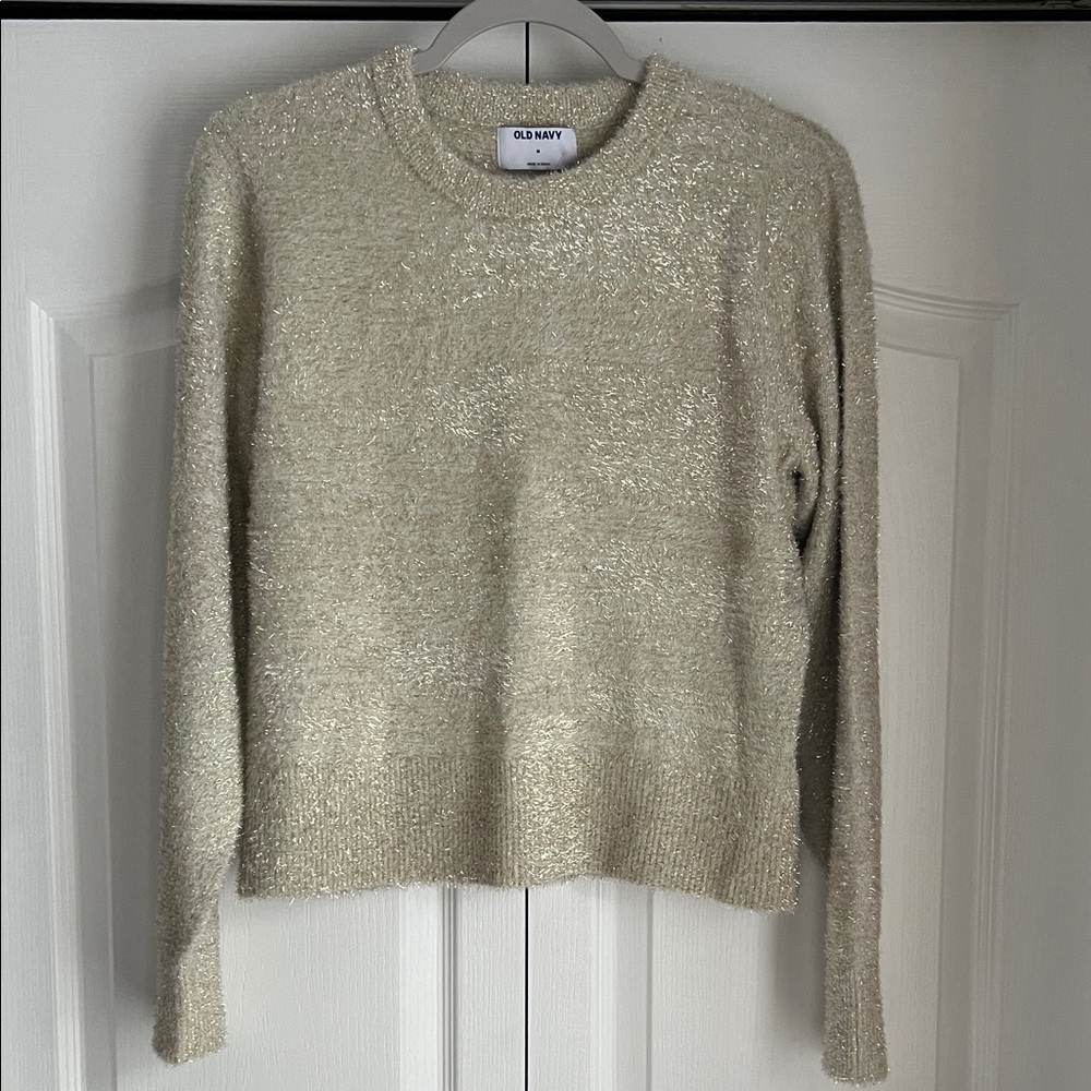 Old Navy Women's Cream & Gold Crew Neck Crop Sweater